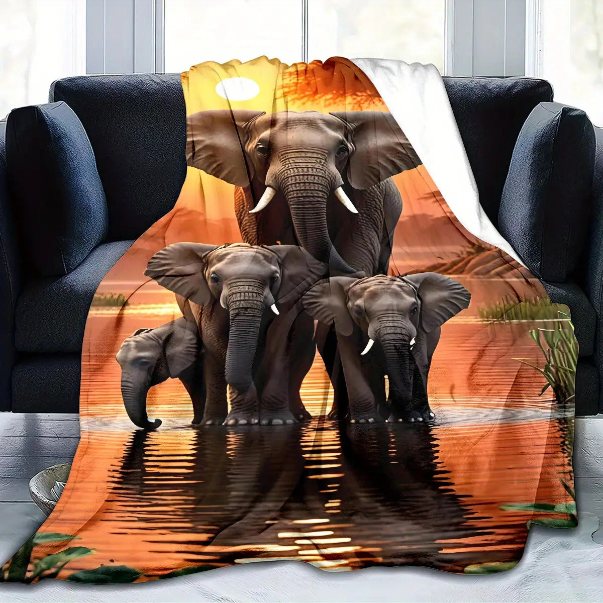 Aonana Elephant Sunset Trees Flannel Throw Blanket