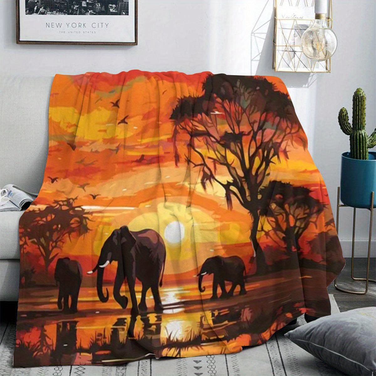 Aonana Elephant Sunset Trees Flannel Throw Blanket