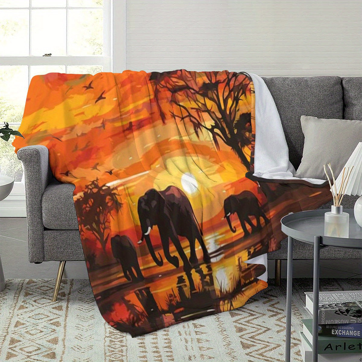 Aonana Elephant Sunset Trees Flannel Throw Blanket