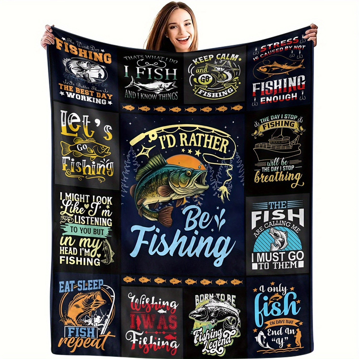 Aonana "I'd Rather Be Fishing" Flannel Throw Blanket