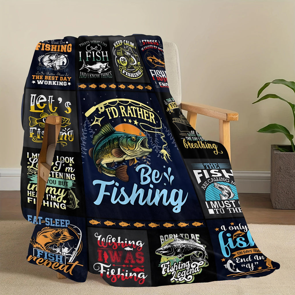 Aonana "I'd Rather Be Fishing" Flannel Throw Blanket