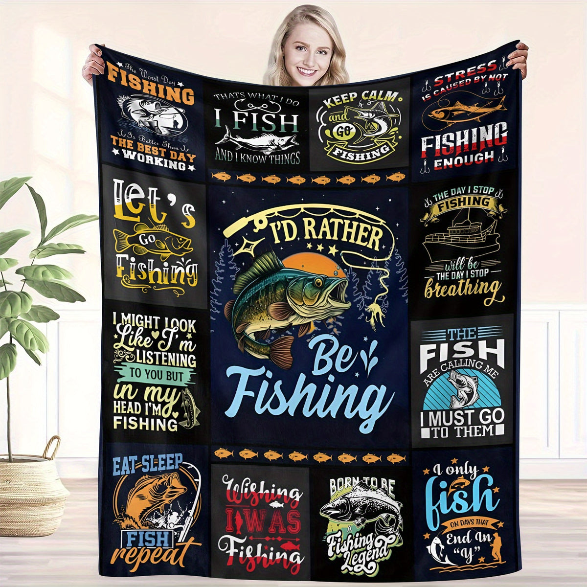 Aonana "I'd Rather Be Fishing" Flannel Throw Blanket
