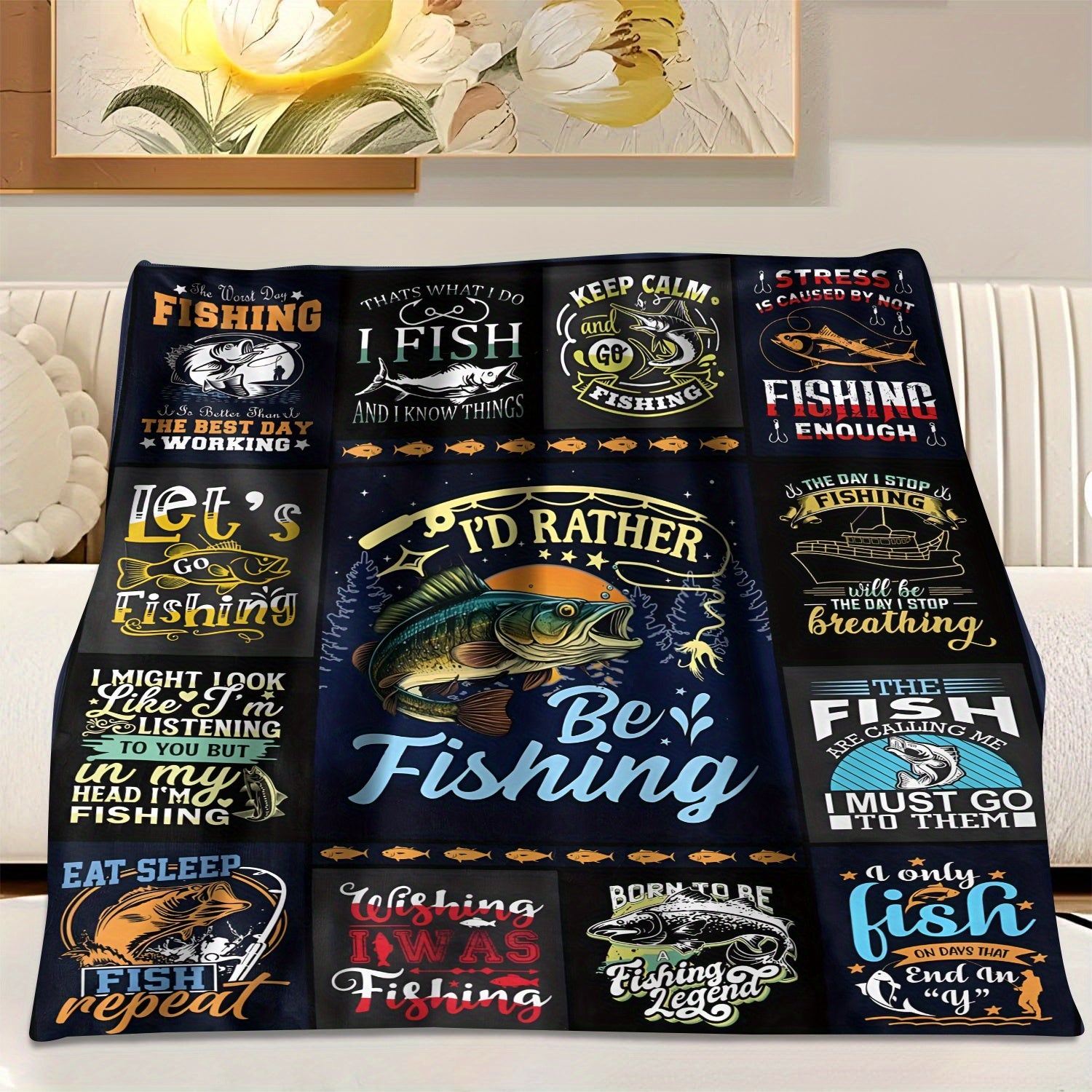 Aonana "I'd Rather Be Fishing" Flannel Throw Blanket
