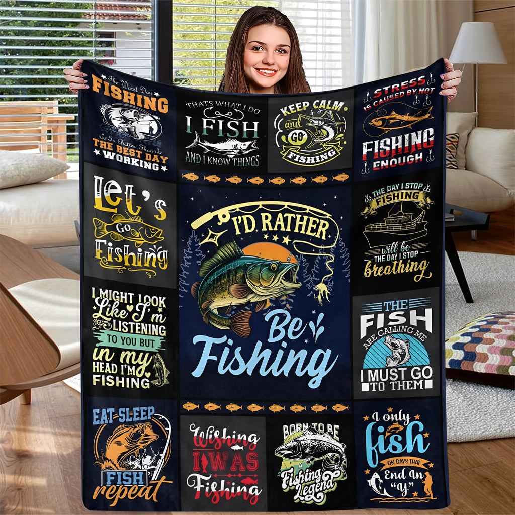 Aonana "I'd Rather Be Fishing" Flannel Throw Blanket