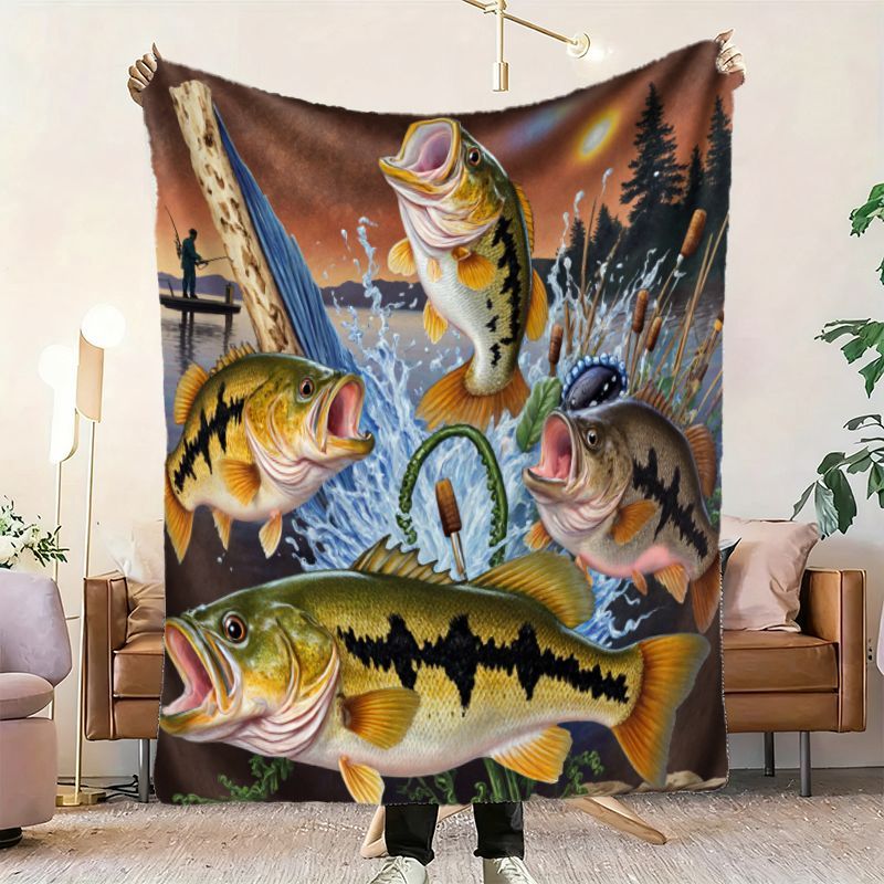 Aonana Big Bass Fishing Flannel Throw Blanket