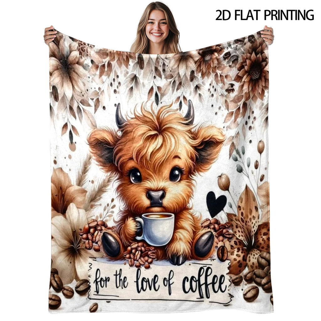 🐂【Highland Cow Series】Cute Bowknot Highland Cow Print Flannel Blanket Soft Warm Multi-purpose Gift Blanket For All Seasons