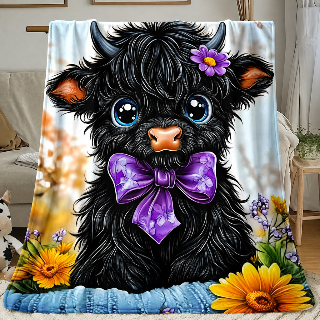 🐂【Highland Cow Series】Cute Bowknot Highland Cow Print Flannel Blanket Soft Warm Multi-purpose Gift Blanket For All Seasons