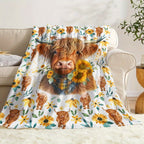Aonana Cute Highland Cow with Purple Bow Flannel Blanket