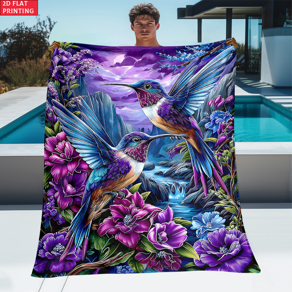 Aonana Hummingbird with Neon Flowers Flannel Throw Blanket
