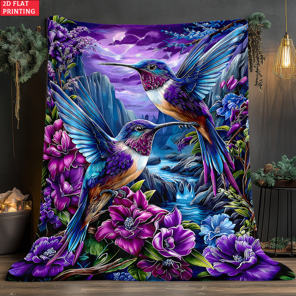 Aonana Hummingbird with Neon Flowers Flannel Throw Blanket