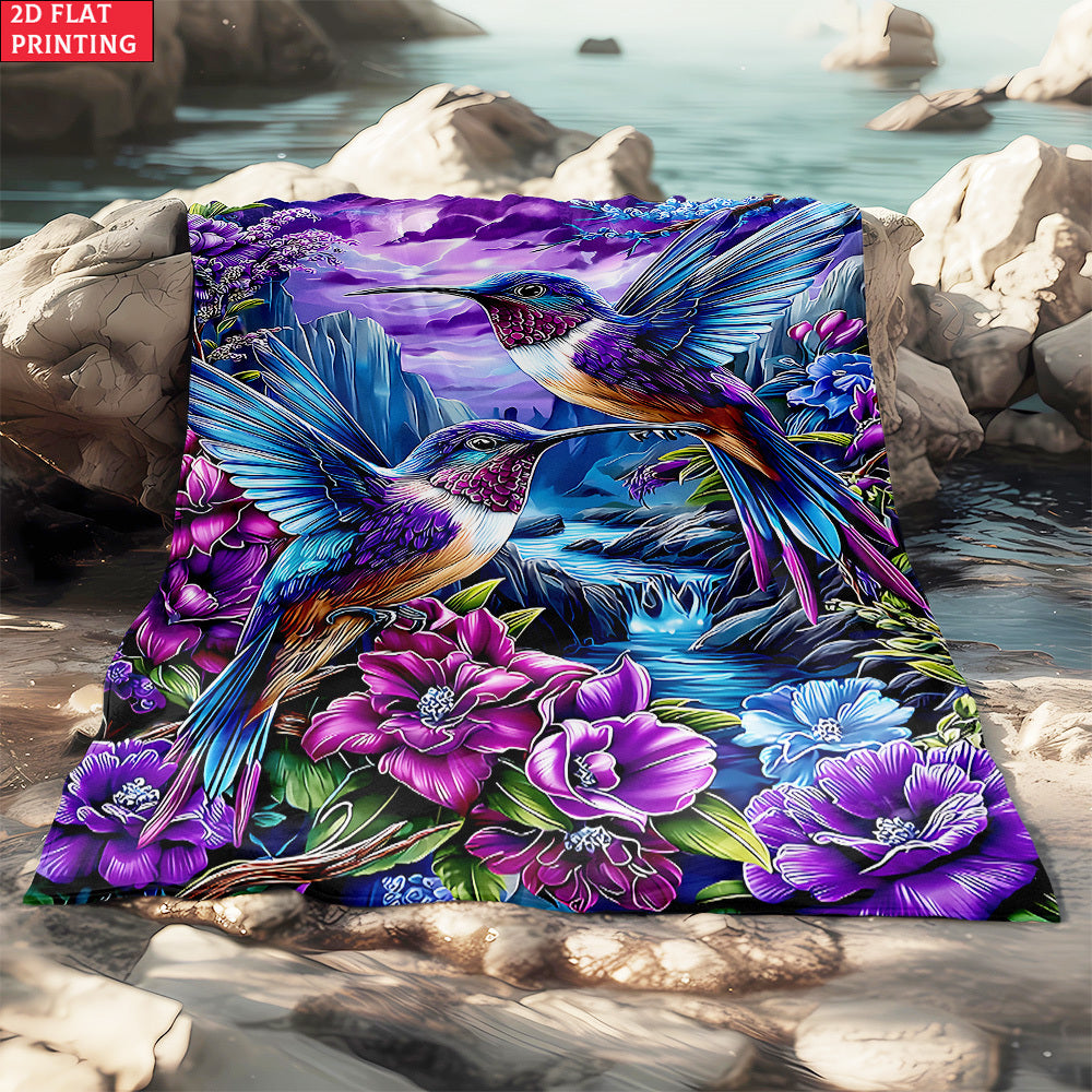 Aonana Hummingbird with Neon Flowers Flannel Throw Blanket