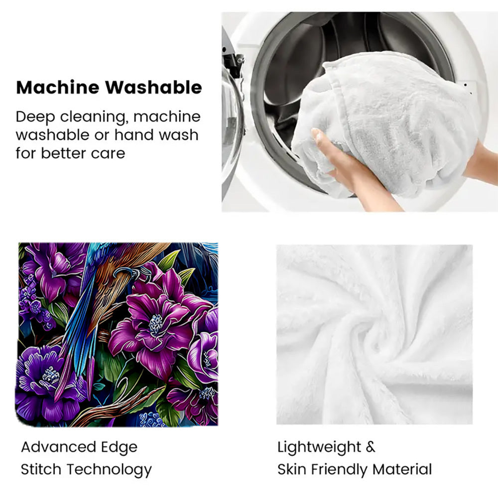 Aonana Hummingbird with Neon Flowers Flannel Throw Blanket
