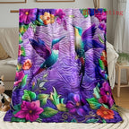 Aonana Hummingbird with Neon Flowers Flannel Throw Blanket