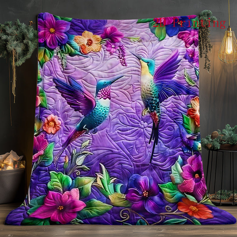 Aonana Hummingbird with Neon Flowers Flannel Throw Blanket