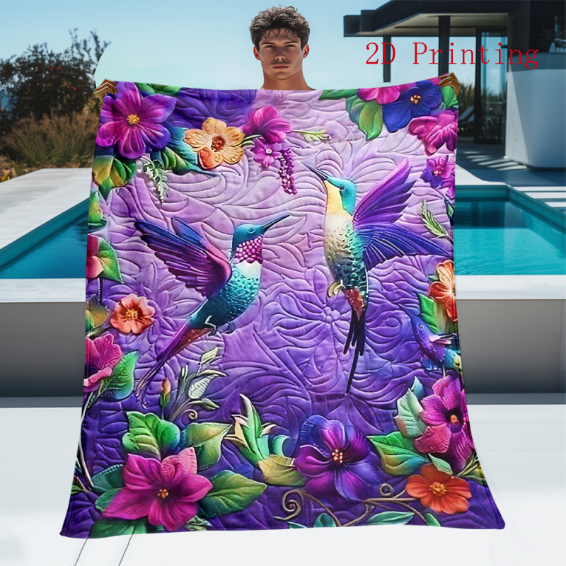 Aonana Hummingbird with Neon Flowers Flannel Throw Blanket