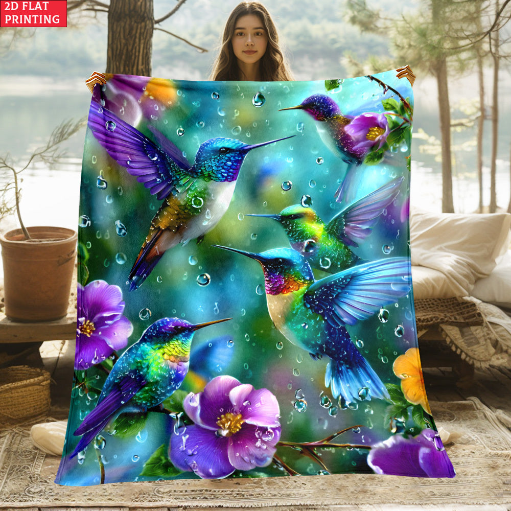 Aonana Hummingbird with Neon Flowers Flannel Throw Blanket