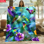 Aonana Hummingbird with Neon Flowers Flannel Throw Blanket