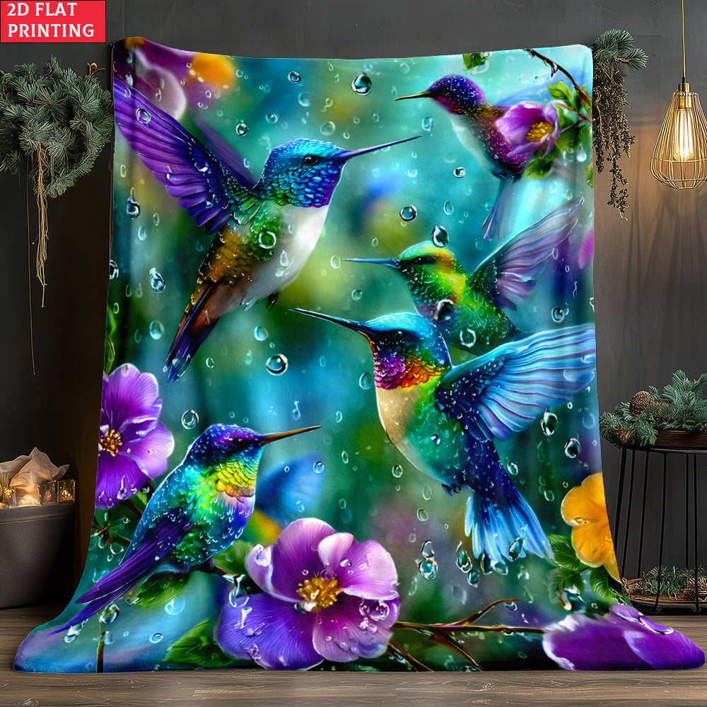 Aonana Hummingbird with Neon Flowers Flannel Throw Blanket