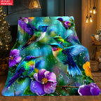 Aonana Hummingbird with Neon Flowers Flannel Throw Blanket
