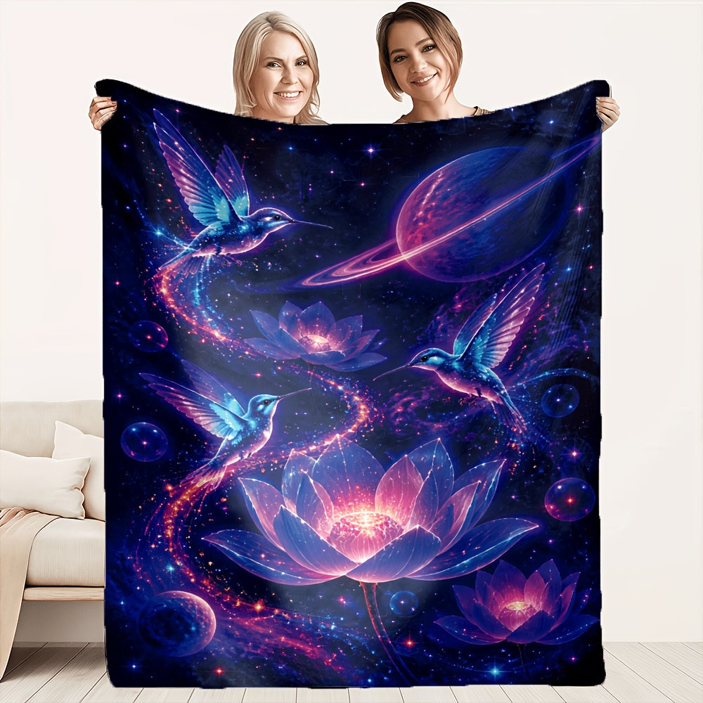 Aonana Hummingbird with Neon Flowers Flannel Throw Blanket