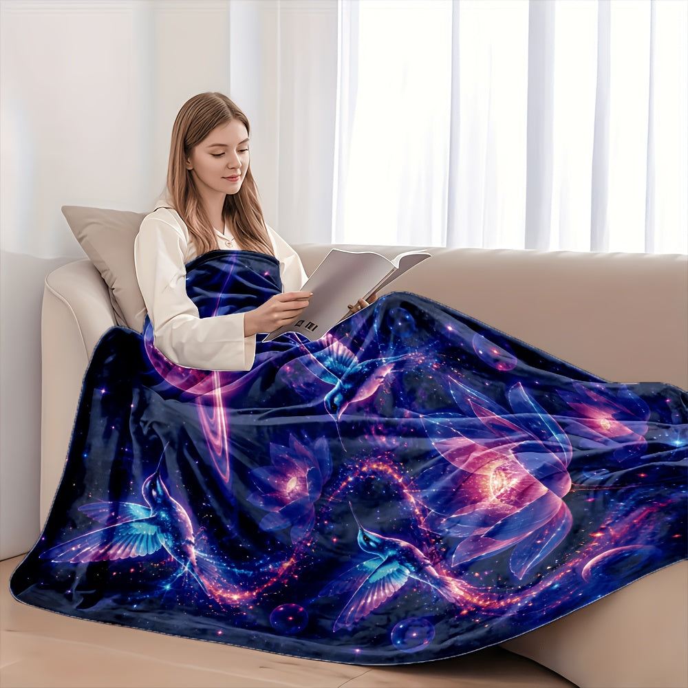 Aonana Hummingbird with Neon Flowers Flannel Throw Blanket