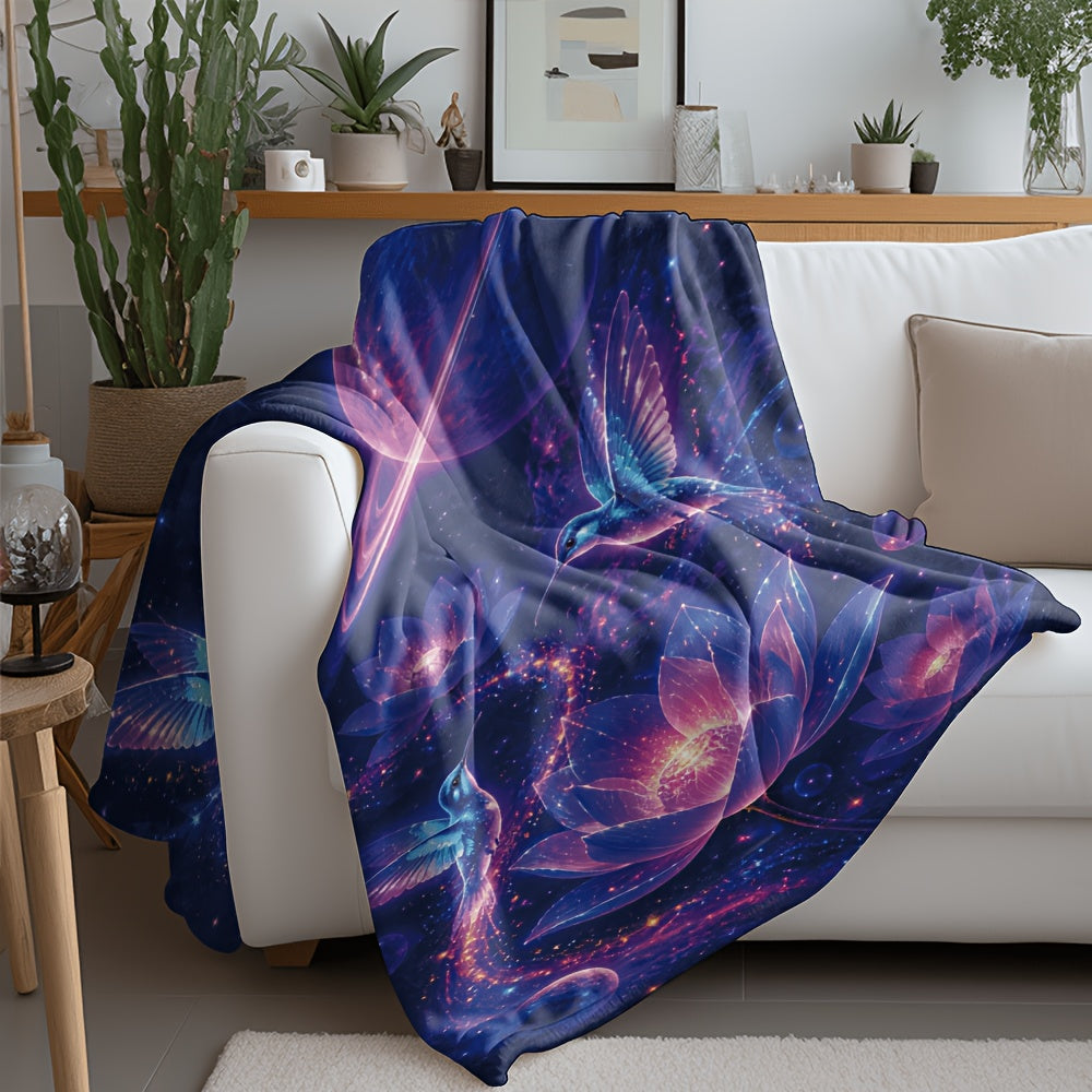 Aonana Hummingbird with Neon Flowers Flannel Throw Blanket