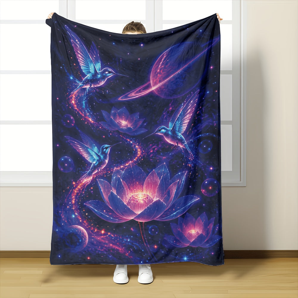 Aonana Hummingbird with Neon Flowers Flannel Throw Blanket