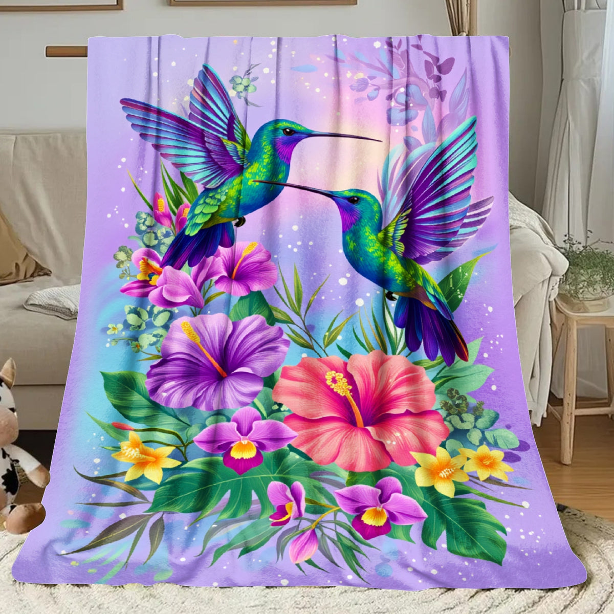 Aonana Hummingbird with Neon Flowers Flannel Throw Blanket
