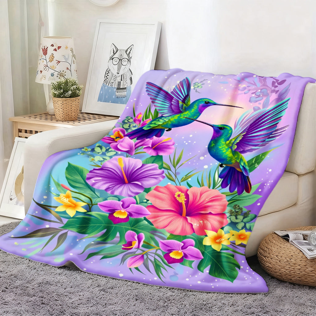 Aonana Hummingbird with Neon Flowers Flannel Throw Blanket