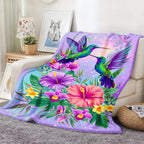 Aonana Hummingbird with Neon Flowers Flannel Throw Blanket