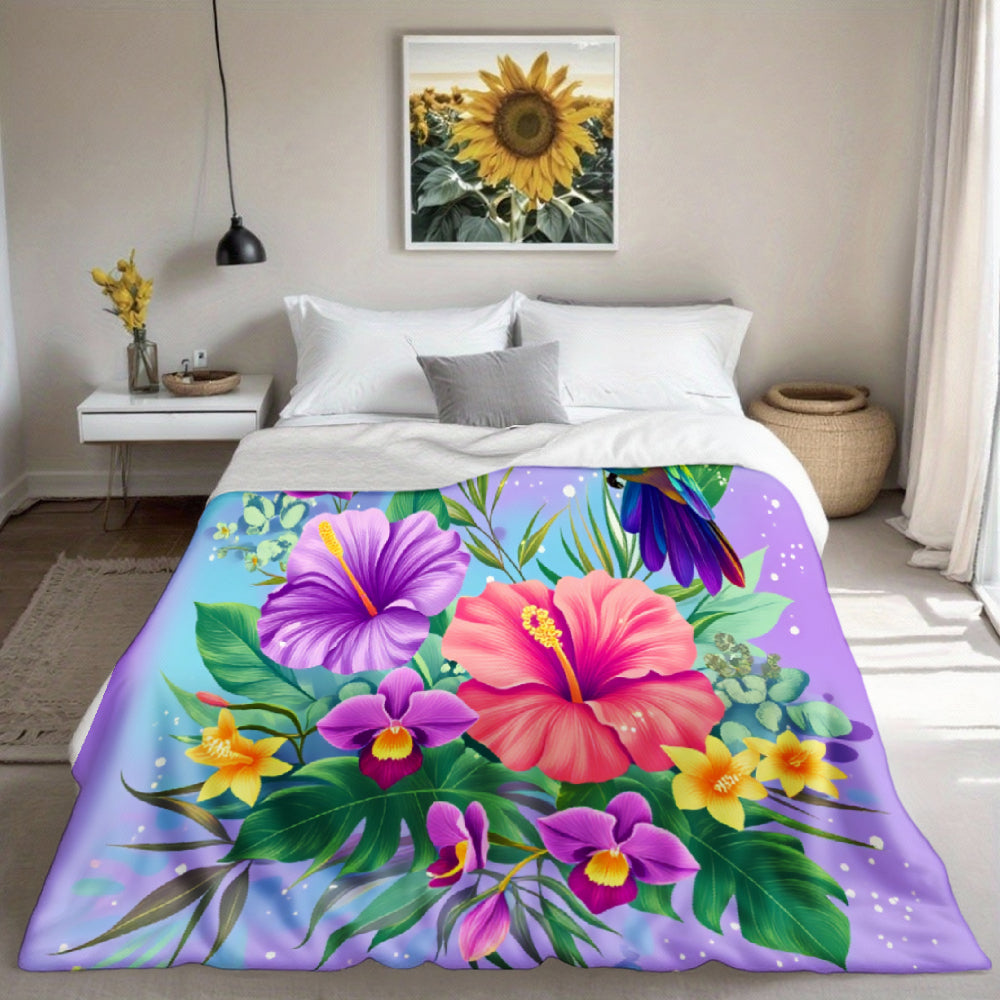 Aonana Hummingbird with Neon Flowers Flannel Throw Blanket