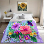 Aonana Hummingbird with Neon Flowers Flannel Throw Blanket