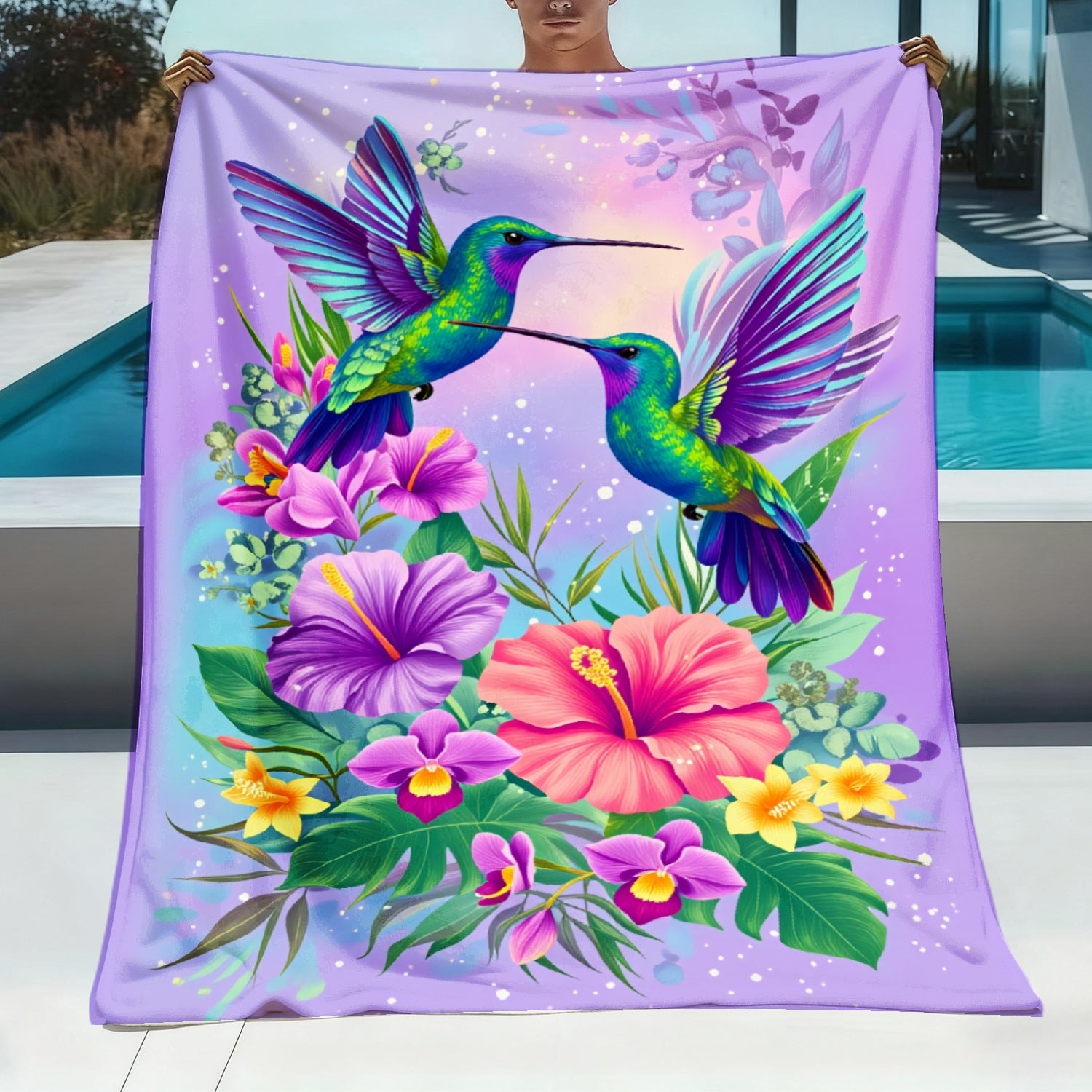 Aonana Hummingbird with Neon Flowers Flannel Throw Blanket