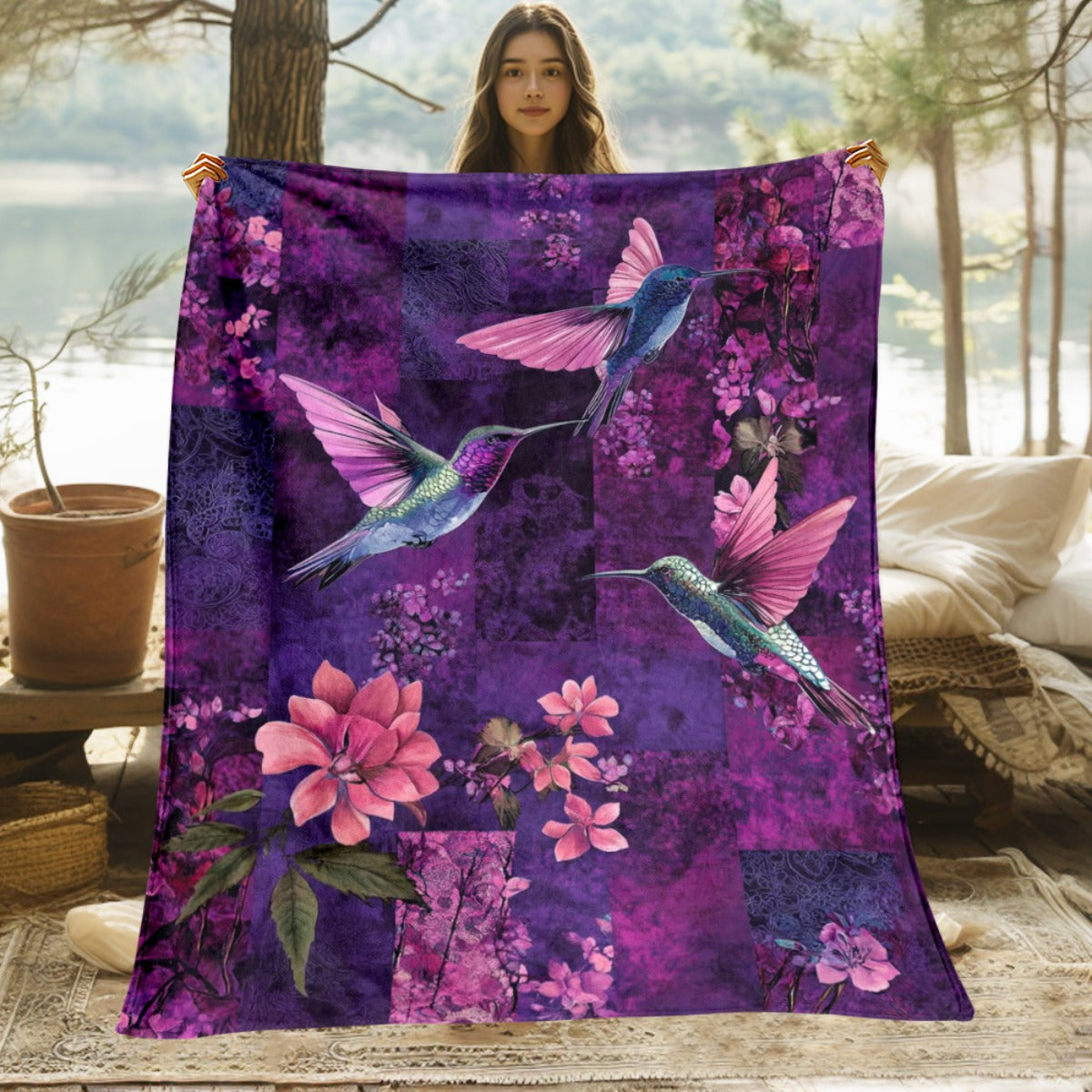 Aonana Hummingbird with Neon Flowers Flannel Throw Blanket