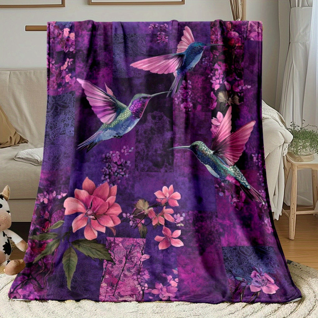 Aonana Hummingbird with Neon Flowers Flannel Throw Blanket