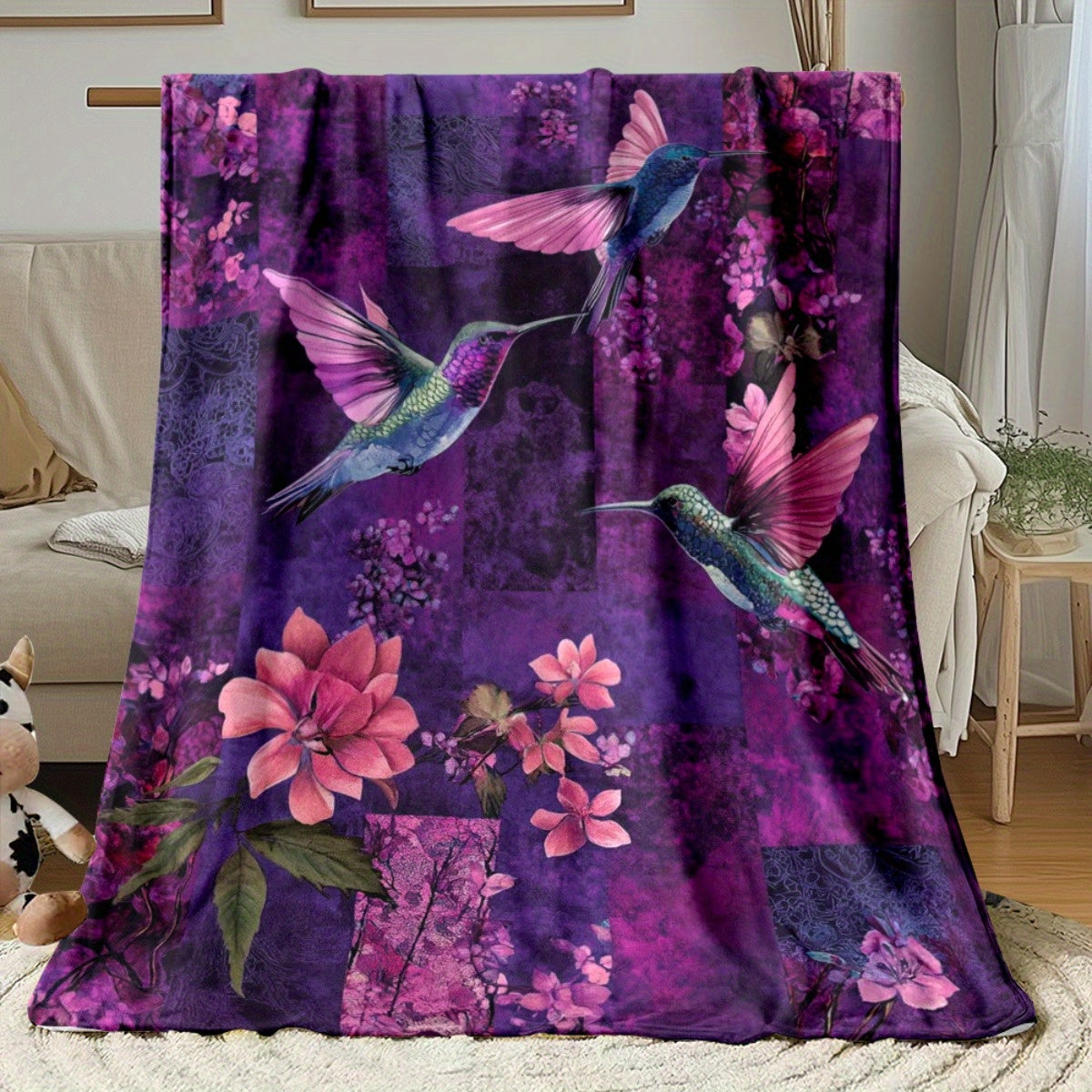 Aonana Hummingbird with Neon Flowers Flannel Throw Blanket