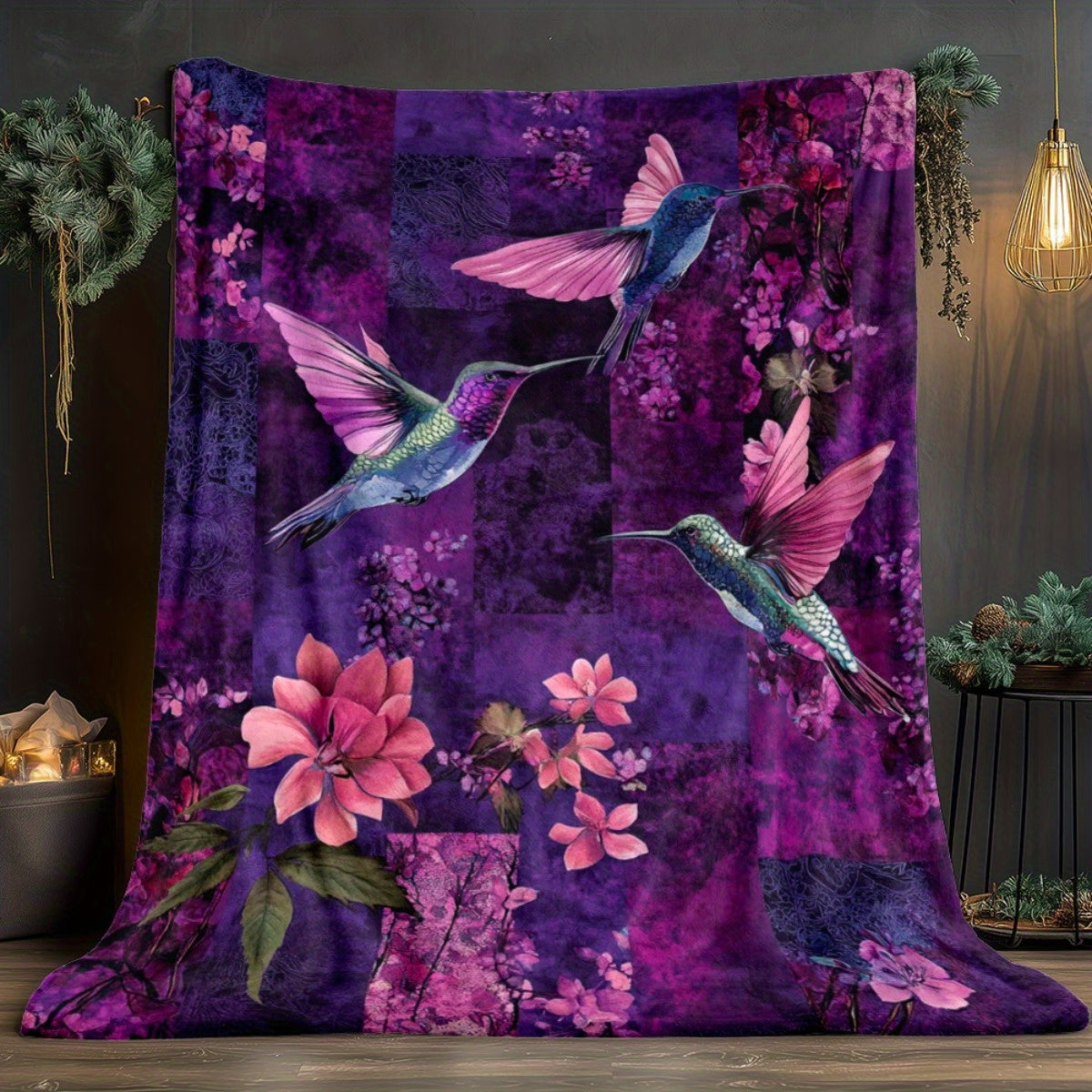 Aonana Hummingbird with Neon Flowers Flannel Throw Blanket