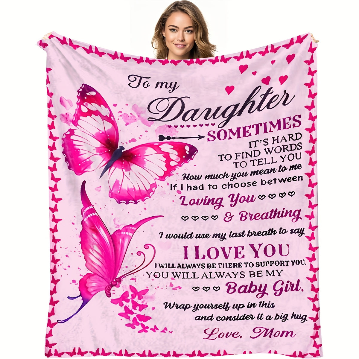 Aonana "To My Daughter" Pink Butterfly Flannel Throw Blanket