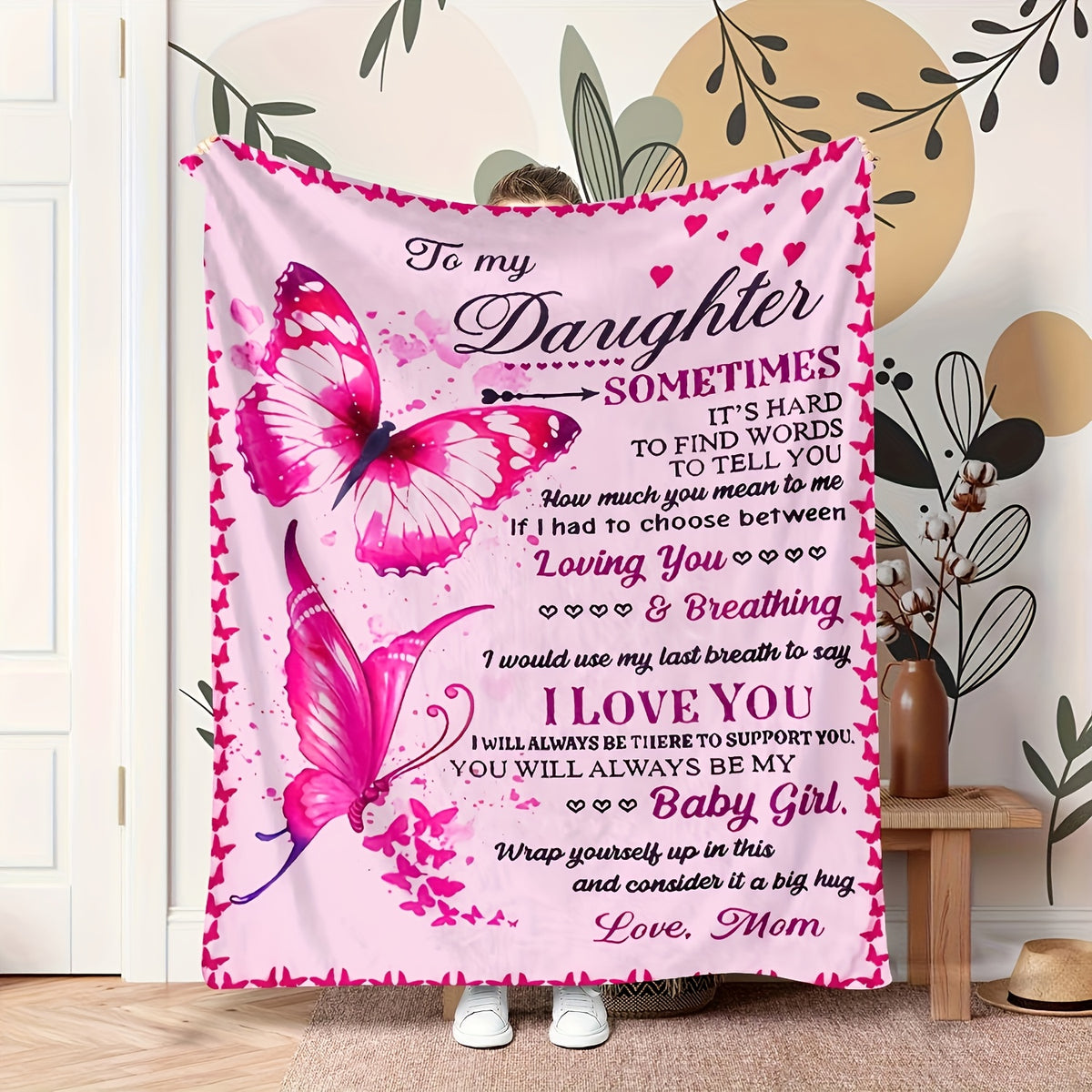 Aonana "To My Daughter" Pink Butterfly Flannel Throw Blanket