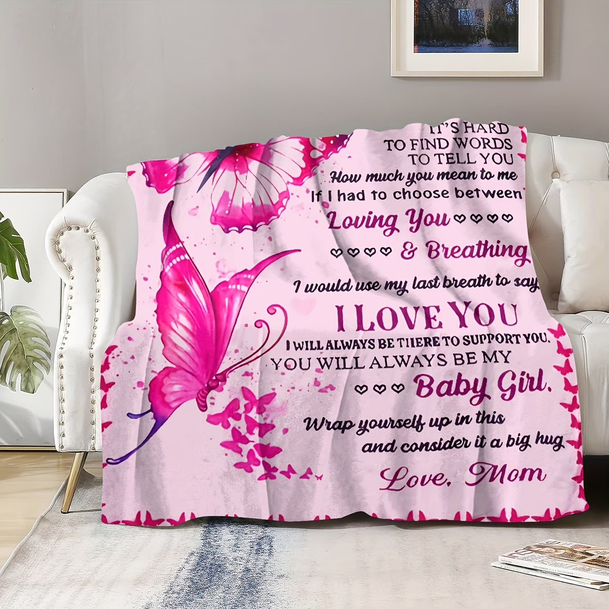 Aonana "To My Daughter" Pink Butterfly Flannel Throw Blanket
