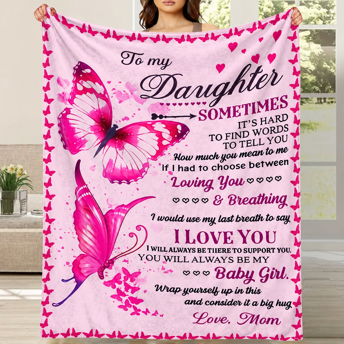 Aonana "To My Daughter" Pink Butterfly Flannel Throw Blanket