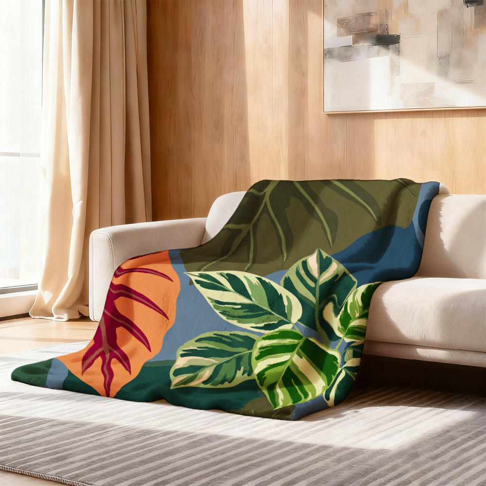 Aonana Secret Garden Tropical Plant Leaf Cozy Flannel Throw Blanket
