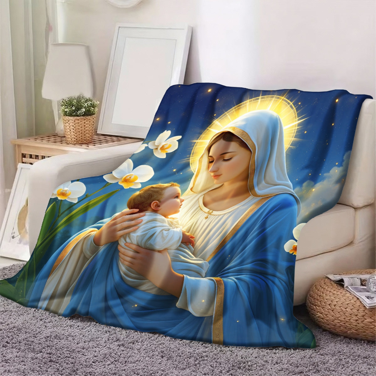 Aonana Virgin Mary & Baby Jesus Flannel Throw Blanket