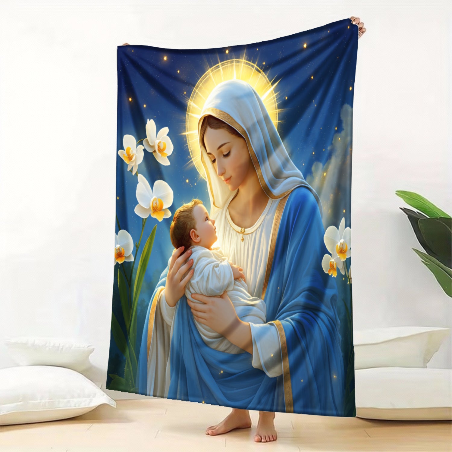 Aonana Virgin Mary & Baby Jesus Flannel Throw Blanket