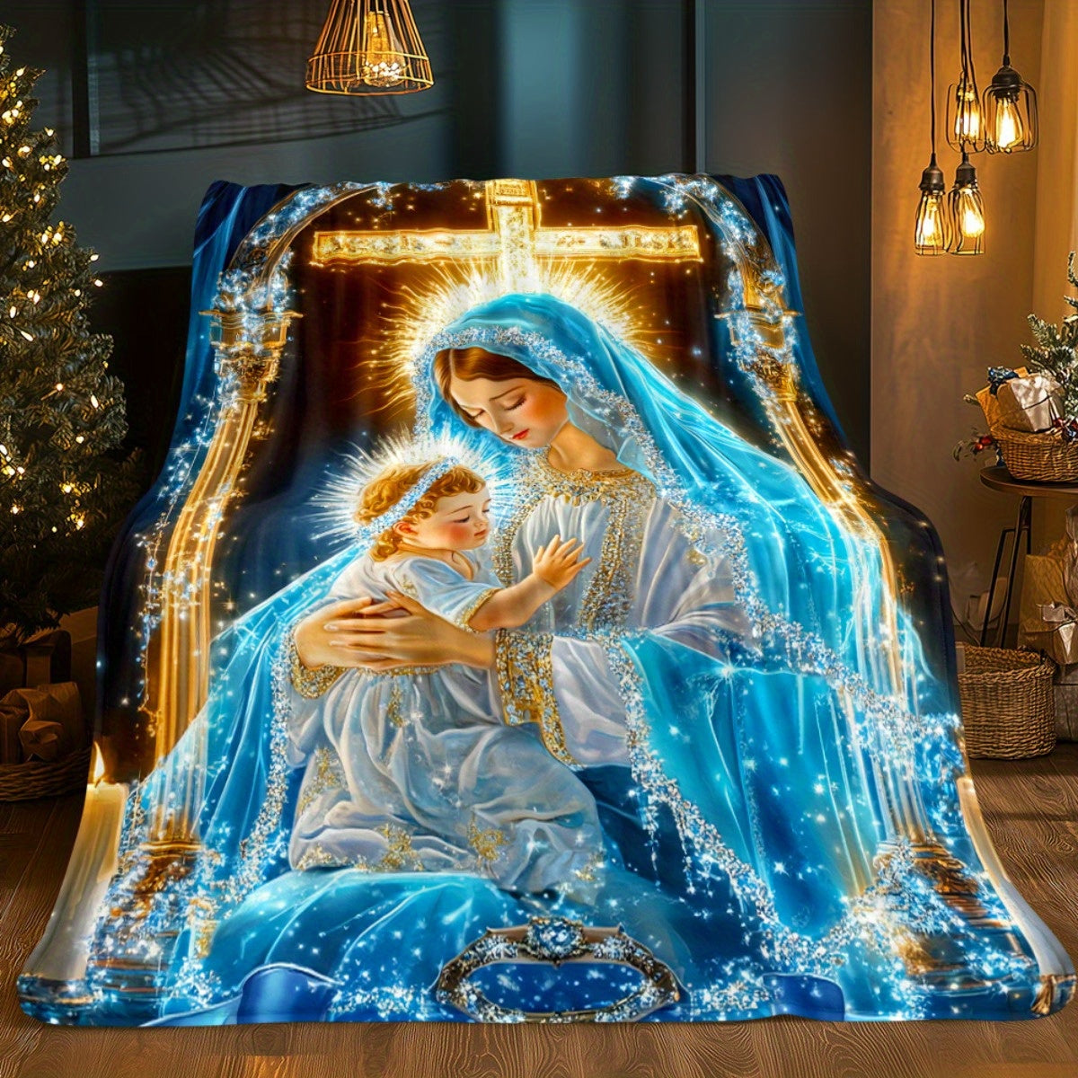 Aonana Virgin Mary & Baby Jesus Flannel Throw Blanket