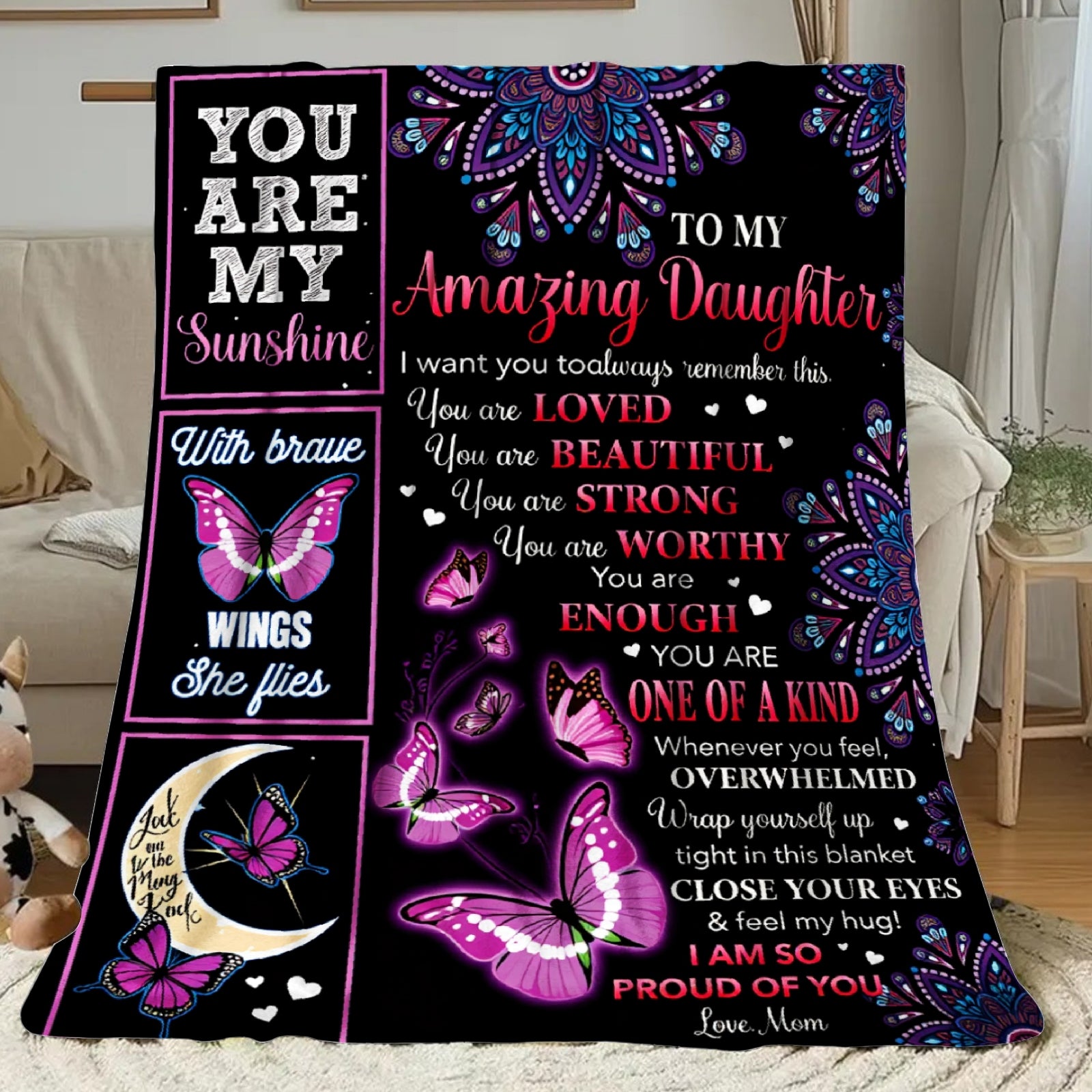 Aonana "To My Daughter" Butterfly Mandala Flannel Throw Blanket