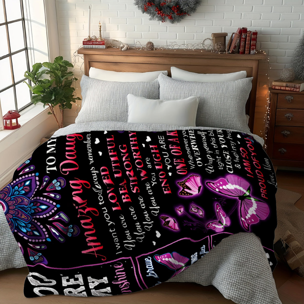 Aonana "To My Daughter" Butterfly Mandala Flannel Throw Blanket
