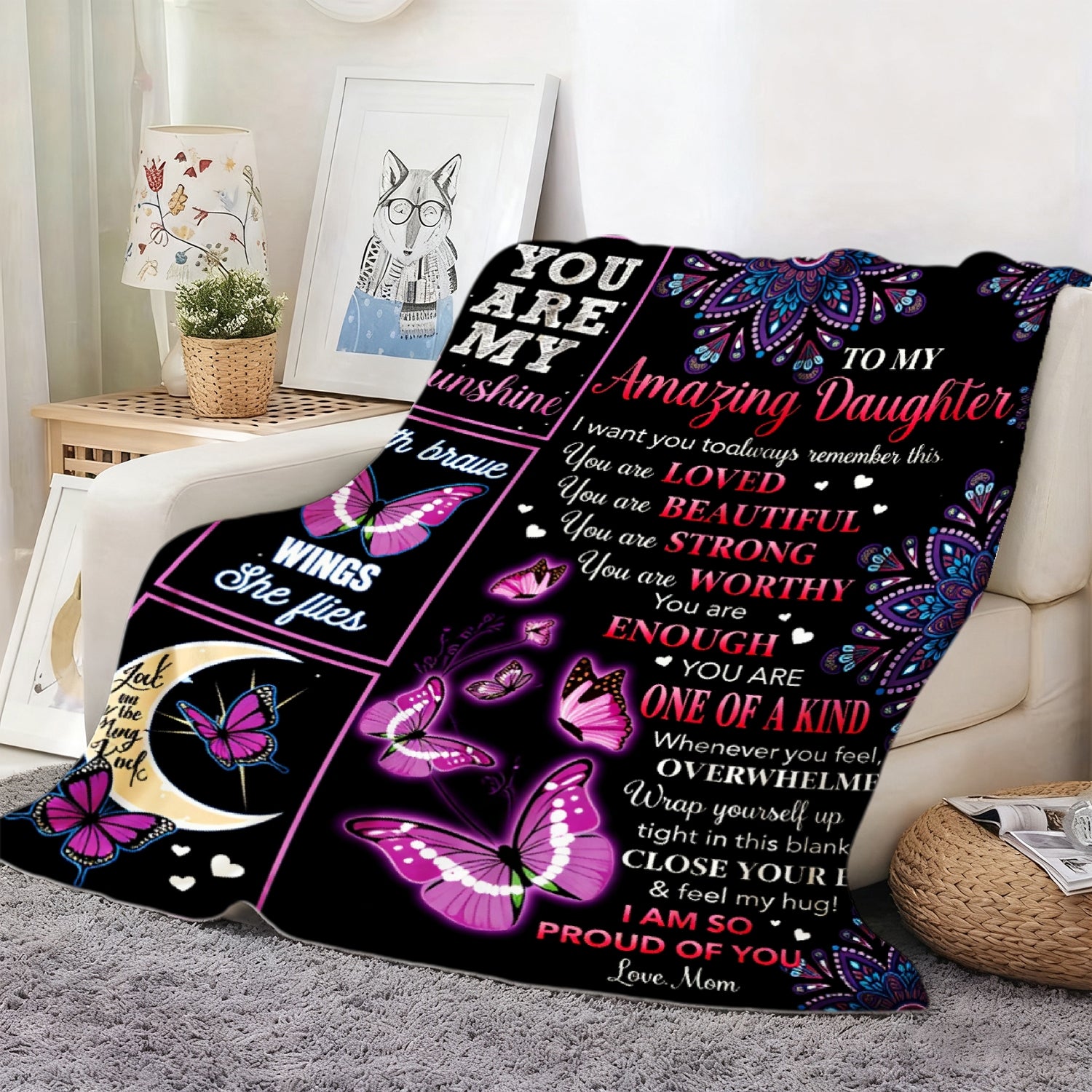 Aonana "To My Daughter" Butterfly Mandala Flannel Throw Blanket