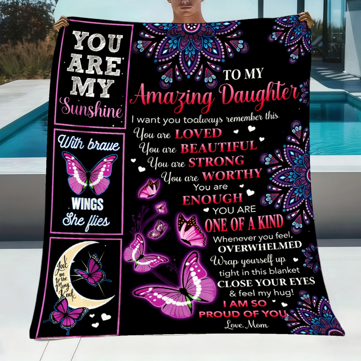 Aonana "To My Daughter" Butterfly Mandala Flannel Throw Blanket