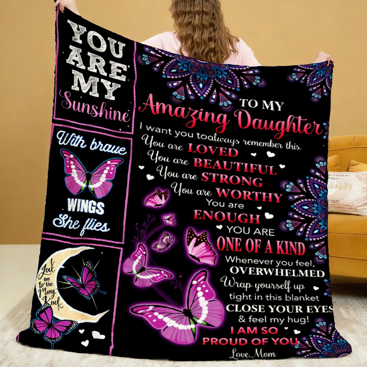 Aonana "To My Daughter" Butterfly Mandala Flannel Throw Blanket